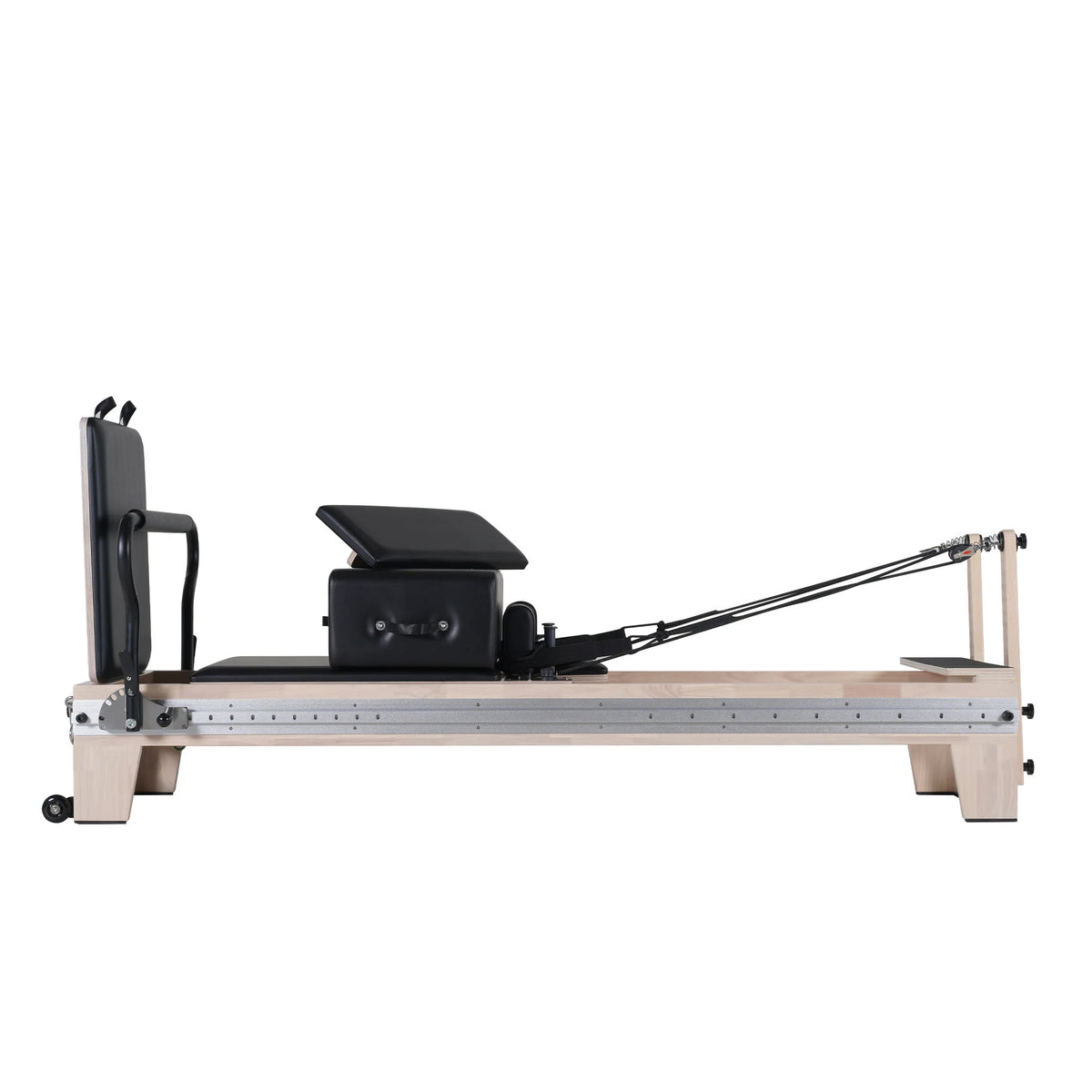 Reformeur Pilates avec chariot en chêne à rail complet et glissière fendue noir
